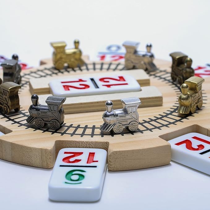 Mexican Train Dominoes Set Double 12 Color with Numbers and Wooden Hub 8 Metal Trains and Aluminum Case