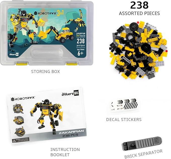 JITTERYGIT Robot Building Toy Gift for Boys, Perfect STEM Gift for Builders Ages 6, 7, 8, 9, and 10 Year Olds, Yellow Zakarpian (238 Pcs) Robotryx