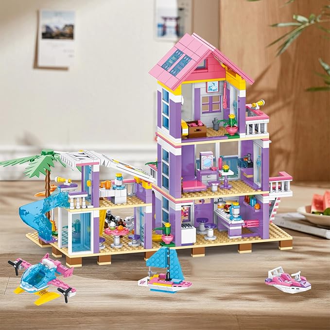 955 Piece Beach House Building Set,Seaside Beach Villa Building Toys Friends Vacation Hut Blocks Set,STEM BuildingToys with Helicopter,Yacht,Sailboat,Christmas Birthday Gift for Girl Age 6-12+