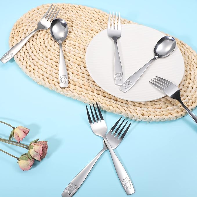 Pimoys 6 Pieces Toddler Utensils Kids Silverware Stainless Steel Toddler Forks and Spoons Set, Metal Children's Safe Flatware Kids Cutlery Set, 3 x Child Forks, 3 x Children Spoons