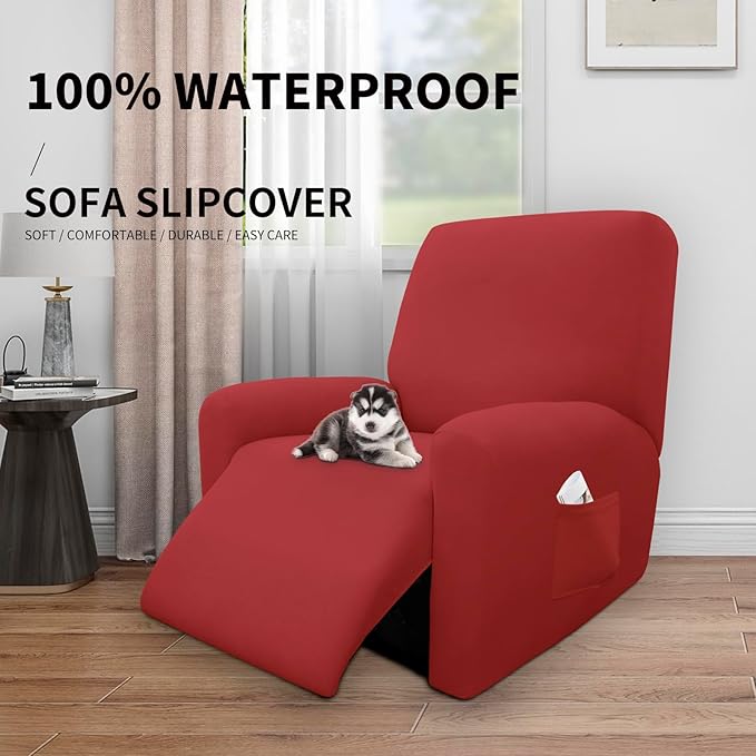 Easy-Going 100% Dual Waterproof Recliner Cover Stretch Soft Couch Cover for Dogs, Sofa Slipcover for Recliner Couch Leakproof Furniture Protector for Kids Christmas Red