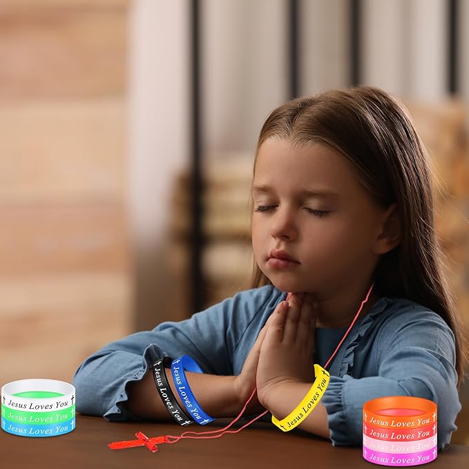 PerKoop 200 Pcs Christian Gifts Include Jesus Loves You Silicone Bracelets and Plastic Cross Necklace for Christian Party Favors
