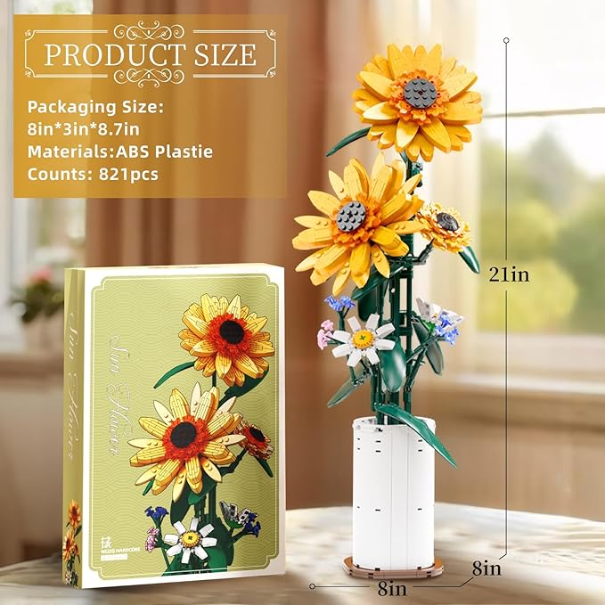 Bentex Sunflower Building Block Set, Beautiful Flower Bouquet with Vase for Adults Teens, Gift for Birthday Anniversary for Her & Him, Vibrant Home Decor for Flower Lovers (821pcs)