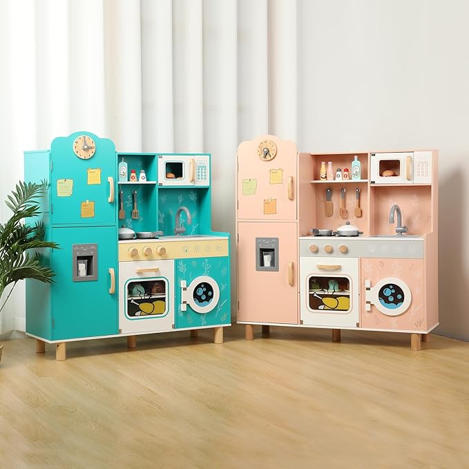 Bruvoalon Wooden Play Kitchen Toy Set for Kids, with Realistic Design, Sink with Faucet, Oven, Microwave, Utensils, Kitchenware Play Food Set Accessories, Birthday Gifts for Toddlers Boys Girls (Pink)