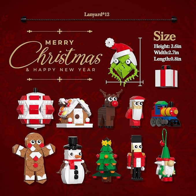 DreamCreators Christmas Ornaments Building Block with Strings for Christmas Tree 2024 New Sets,12 Pack Xmas Hanging Decorating Toys for Kids 6-12 Festival Pendants Holiday Favor Buildable Kits