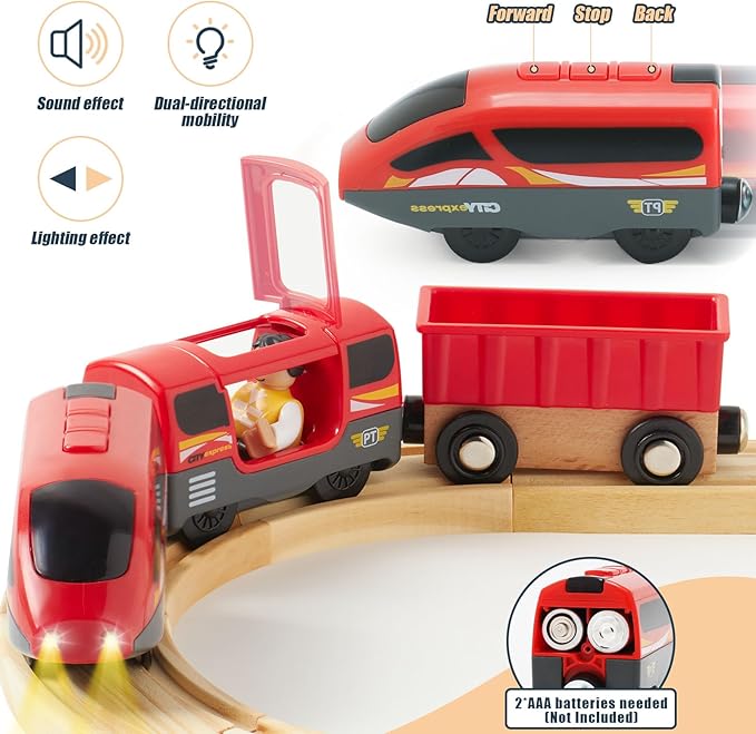 Electric Train Set Toys Wooden Magnetic Cars - Locomotive Auto Reverse/Park/Sound/Light, Gift for 3 4 5 6 Year Old Toddlers Kids Boys Truck Trains Toy, Compatible with Common Wooden Train Tracks