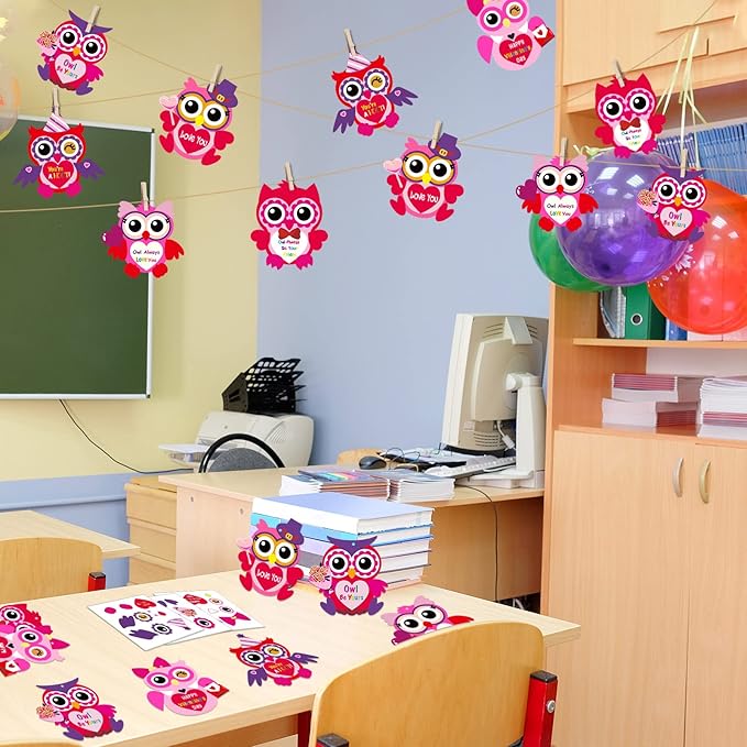 chiazllta 30 PCS Valentine's Day Craft Kits DIY Owl Craft for Kids Valentine's Heart Craft Make Your Own Owl Bulk Set for Home Classroom Game Activities