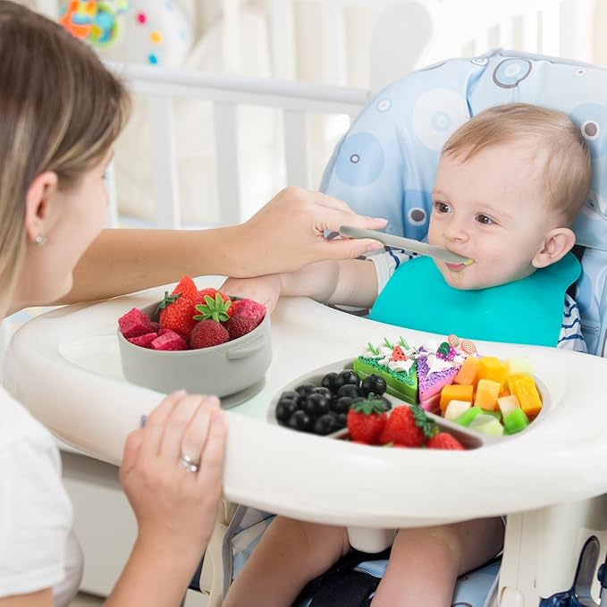 Dandat 24 Pcs Silicone Baby Feeding Set,6 Baby Toddler Suction Bowls 6 Divided Suction Plates with 6 Forks 6 Spoons, Utensils Set for Weaning Infant Feeding and Eating, 6 Styles(Dark Color)