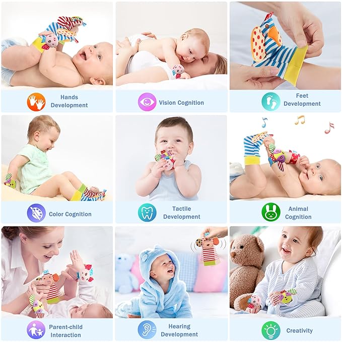 Bloobloomax Soft Baby Rattle Wrist Rattle Foot Finder Socks Set,Cotton and Plush Stuffed Infant Toys,Birthday Holiday Birth Present Gift for Newborn Boy Girl Kids Toddler (8pcs-B Set)
