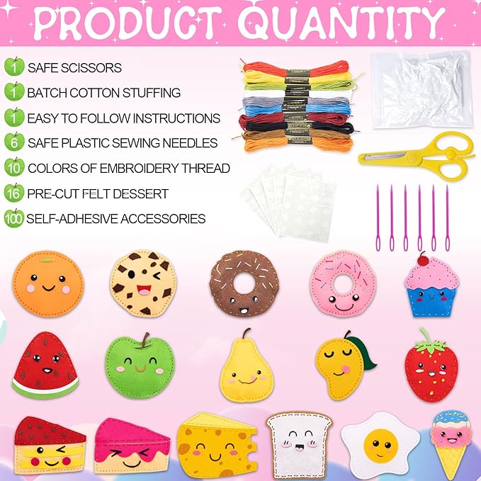 ZOIIWA 16 Sets Food Themed Sewing Kit for Kids Valentine's Day Fun Craft for Boy Girl Felt Plush Craft Kit Sewing Kit Learn to Sew Kit Educational Beginners Sewing Stuffed Ornament for Classroom Gift