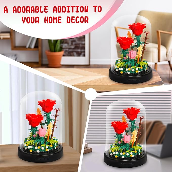 Topdear Flower Bouquets Building Sets with LED String Light and Dust Cover, 593 Pcs Red Rose Bouquet Building Block Gifts for Mothers Day, Valentines Day, Birthday, Anniversary, Christmas