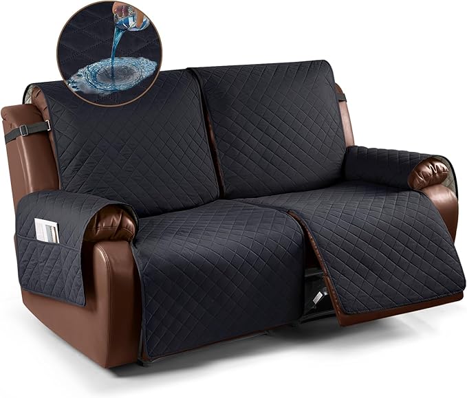 KinCam Waterproof Oversized Loveseat Recliner Cover, Non-Slip Reclining Couch Covers for 2 Seat, Recliner Sofa Cover Furniture Protector with Elastic Straps for Kids, Pets, Black