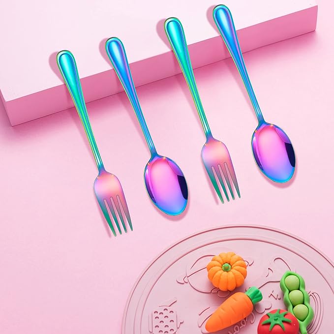 LIANYU 10-Piece Rainbow Children Silverware Set, Kids Forks and Spoons Silverware Set, Stainless Steel Toddler Utensils Flatware, Child Cutlery for Home Preschools, Dishwasher Safe