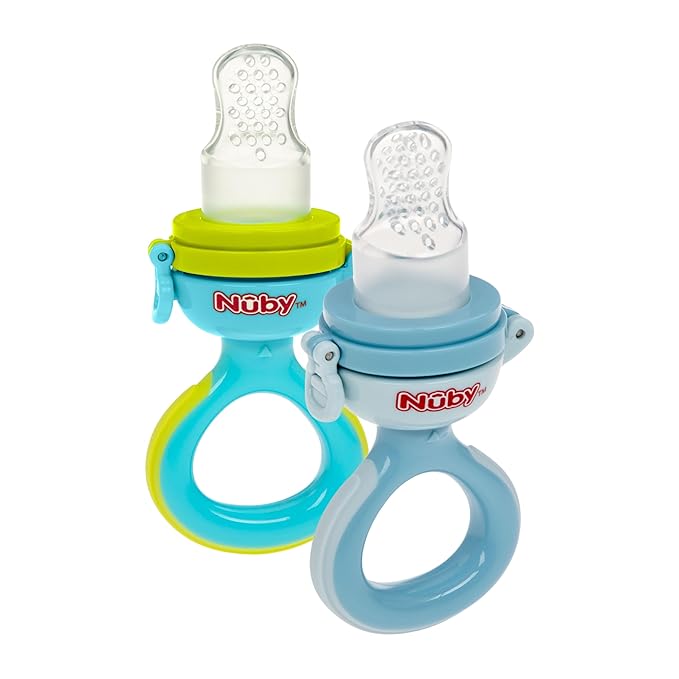 Nuby Baby’s First Food Dispenser with Hygienic Cover | Baby’s First Soft Foods and Teething | 2 Pack: Aqua & Blue or Pink & Aqua | Twist n' Feed | Promotes Self Feeding |10+ Months