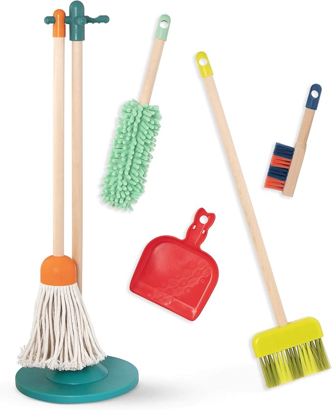 B. toys- Clean n' Play- Pretend Play Wooden Cleaning Set- Playset for Toddlers – Broom, Dustpan, Brush- 2 Years +