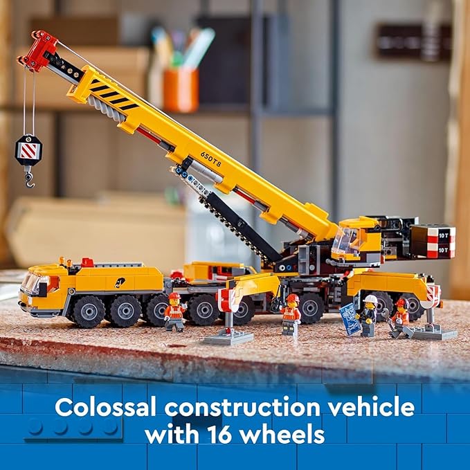 LEGO City Yellow Mobile Construction Crane Toy Set for Boys and Girls, Long Extendable Boom and 4 Worker Minifigures Included for Imaginative Role Play, Construction Toy Birthday Gift for Kids, 60409