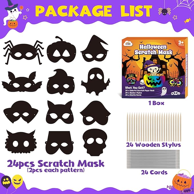 ZMLM Halloween Scratch Mask for Kid: 24 Pcs Rainbow Scratch Paper Mask Craft Kit Halloween Themed DIY Art Craft Mask for Girl Boy Age 3 4 5 6 7 8 9 Year Old Bat Pumpkin Gift Party Favor Set