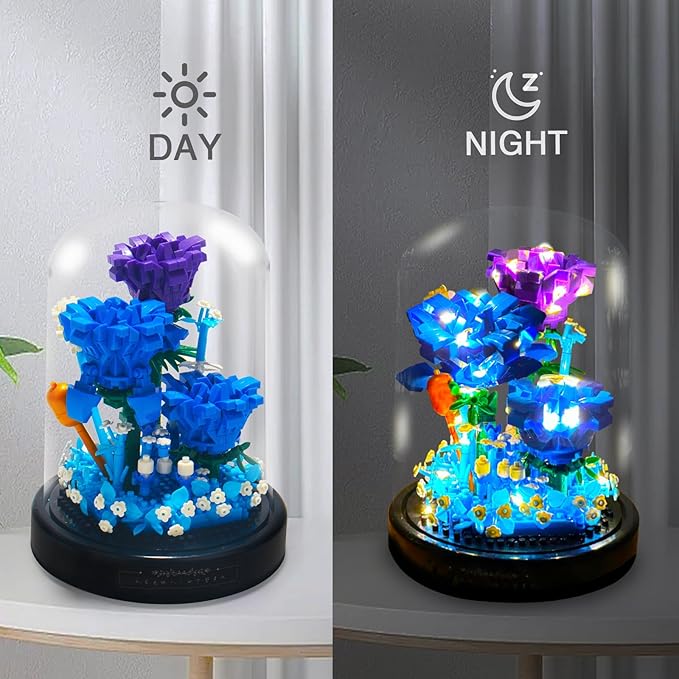 Topdear Flower Bouquets Building Sets with LED String Light and Dust Cover, 630 Pcs Blue Rose Bouquet Building Block Gifts for Mothers Day, Valentines Day, Birthday, Anniversary, Christmas