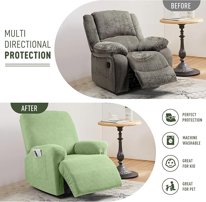 KinCam Recliner Covers, Stretch Reclining Chair Covers, Recliner Sofa Slipcovers Stripe Jacquard Recliner Couch Covers Furniture Protector Covers for Pet Kid (1 Seater, Light Green)