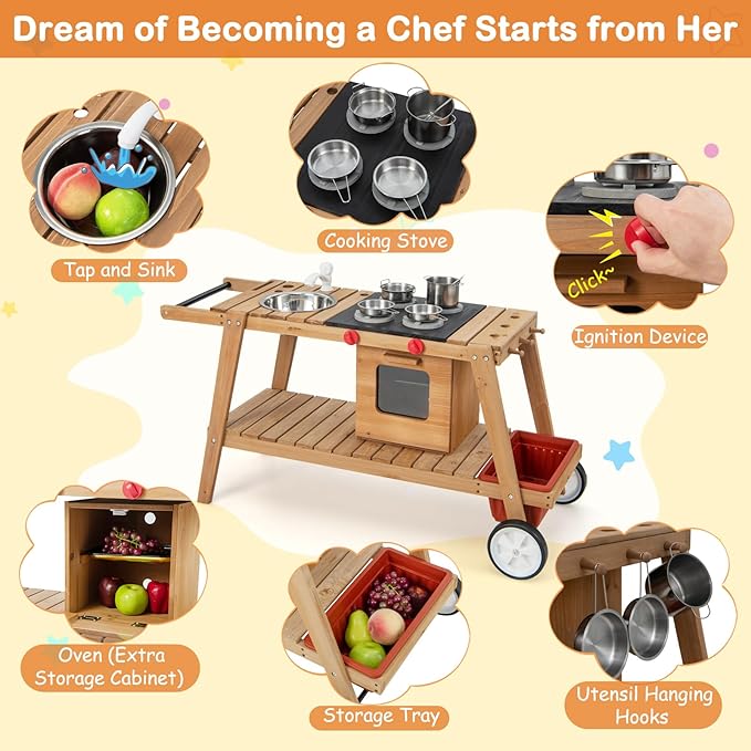 HONEY JOY Mud Kitchen with Umbrella, Wooden Rolling Mud Table Cart, Toddler Outdoor Kitchen Playset, Sink, Faucet, Planting Pots, Utensils, Storage Cabinet, Mud Kitchen for Kids Outdoor with Wheels