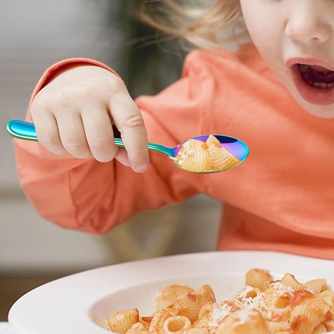 LIANYU 10-Piece Rainbow Children Silverware Set, Kids Forks and Spoons Silverware Set, Stainless Steel Toddler Utensils Flatware, Child Cutlery for Home Preschools, Dishwasher Safe