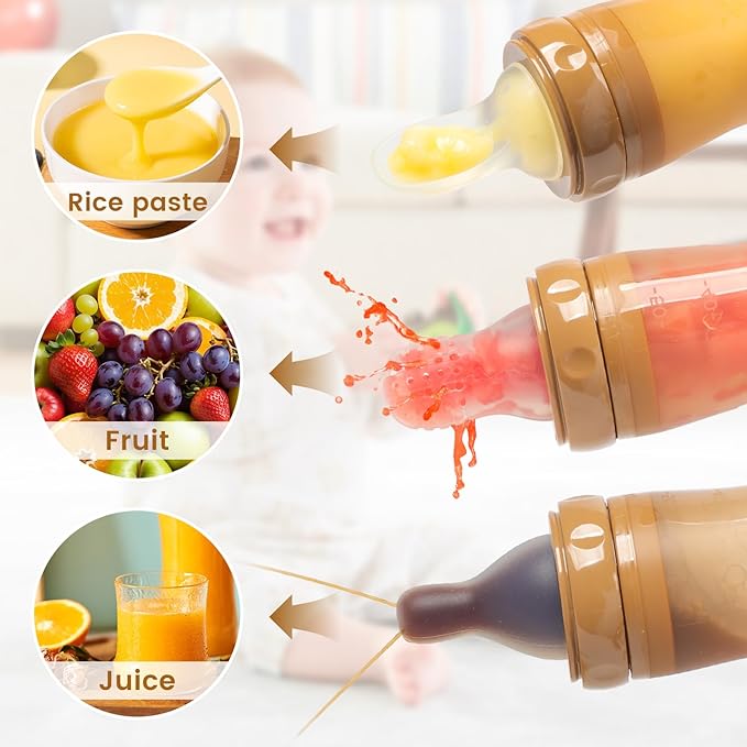 Baby Multifunctional Complementary Food Bottle, Silicone Milk Bottle 3-in-1, Including Dispensing Spoon, Regular Nipple and Fruit Puree Feeding Nipple, Auxiliary Weaning Bottle