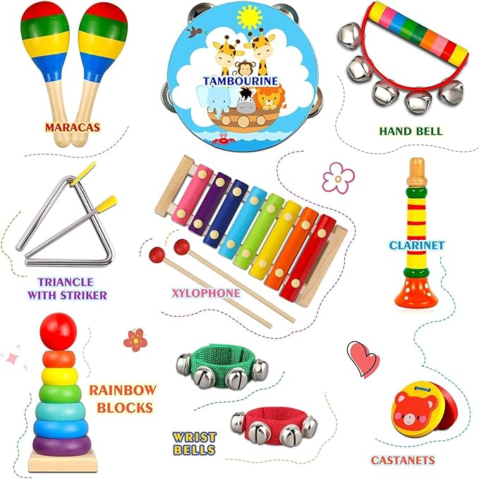 LOOIKOOS Toddler Musical Instruments,Wooden Percussion Instruments for Baby Kids Preschool Educational Musical Toys Set Boys and Girls with Carrying Bag