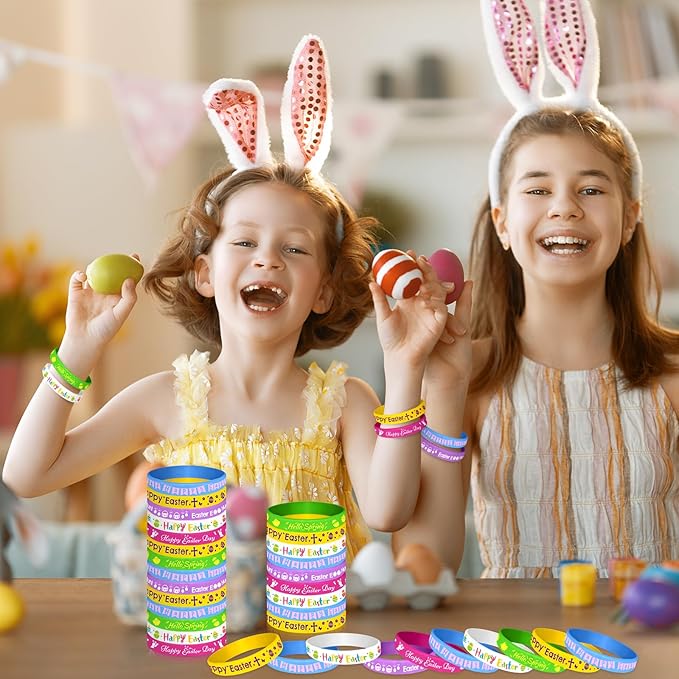NEBURORA 24 Pcs Easter Rubber Bracelets Bunny Rabbit Egg Chick Flower Carrot Silicone Wristbands for Spring Happy Easter Party Favors Baskets Stuffers Egg Fillers