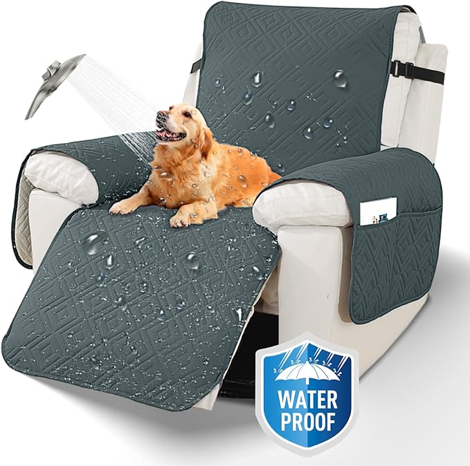 XINEAGE 100% Waterproof Recliner Cover, Non Slip Recliner Chair Cover with Elastic Band, Washable Recliner Slipcover with Storage Pockets for Kids, Pets (Dark Gray, 30")