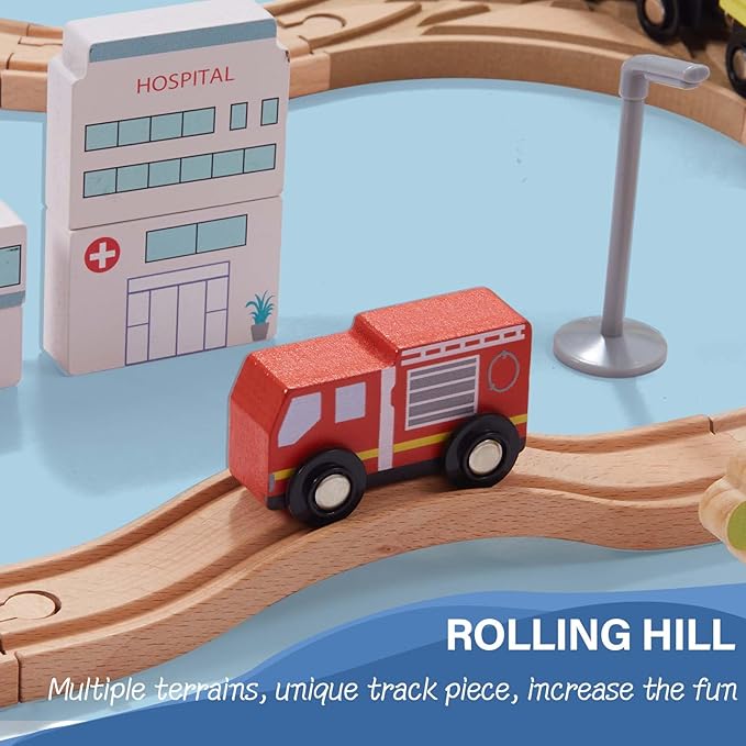 Giant bean 117 Pcs Busy Port City Train Set for Kids- Expandable & Changeable Wooden Train Track Set Toddler Toy, for Boys & Girls Ages 3+