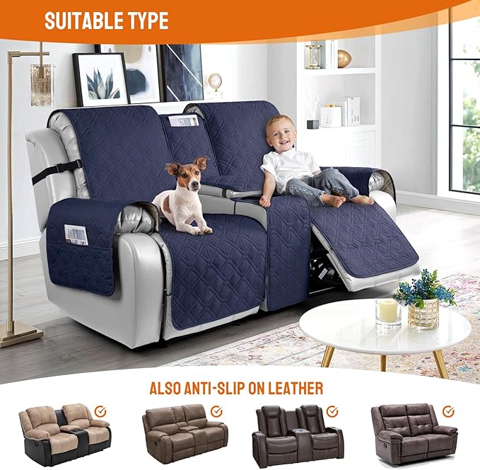 VANSOFY Loveseat Recliner Cover with Console 100% Waterproof Sofa Slipcovers Non-Slip Reclining Couch Cover Split Sofa Covers Furniture Protector for Pets, Dogs(Dark Blue)