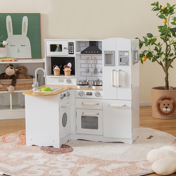 HONEY JOY Corner Kids Kitchen Playset, Little Chef Wooden Play Kitchen for Toddlers, Microwave, Refrigerator, Water Dispenser, Range Hood, Cookware, Pretend Play Toy Kitchen Set w/Lights and Sounds