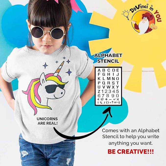 Unicorn Coloring Kit for Girls - DIY with Shirt, 10 Fabric Markers and Alphabet Stencil