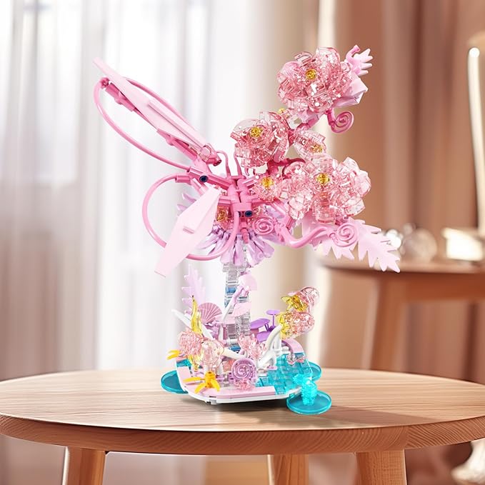 Crystals Flowers Botanical Collection for Adults - 490 Pcs Building Sets, Pink Transparent Crystal Flowers Toys, Plants Botanical Flores Gift Table Art for Adults for Kids Adults
