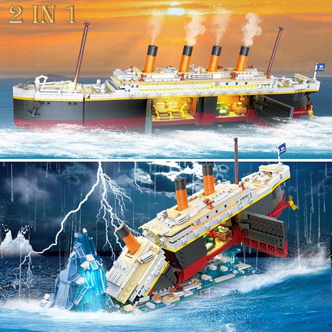 Titanic Building Set with LED Light, 2 in 1 Titanic Ship Mini Building Block 1883 PCS, Ship Model with Glacier Display Stand, Building Brick Toy Gift for Adults Teens Kids Boys Girls 10 11 12+