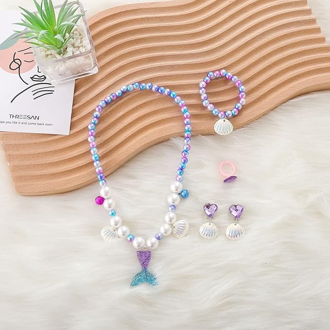 Princess Mermaid Costume Dress up Accessories for Girls Mermaid Gloves Tiara Crown Necklace Wand Earrings Bracelet Ring Princess Halloween Cosplay Accessories Christmas Gifts Set (Purple Mermaid)