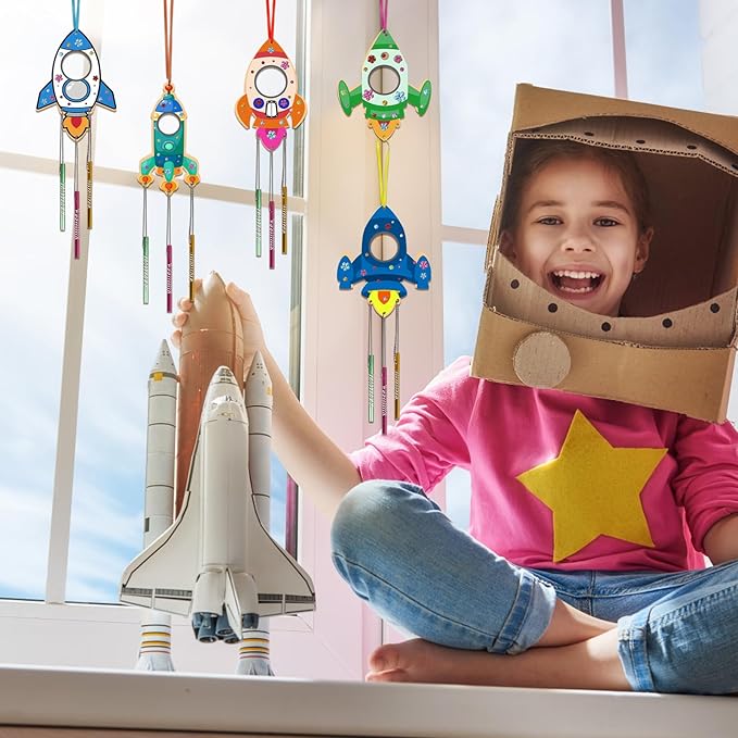 Fennoral 12 Pack Wind Chime Kit for Kids Make Your Own Rockets Wind Chime Craft Wooden Arts and Crafts for Girls Boys DIY Coloring Rockets for Art Activity Birthday Party Decoration