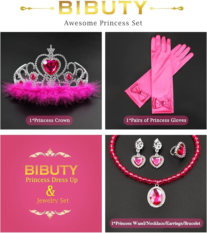 Princess Dress Up Accessories Princess Gloves, 7pcs Dress Up Set for Toddler Girls (Rose, 7PCS)