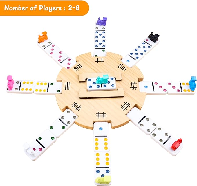Mexican Train Dominoes Accessories Set - 1 Pine Wooden Mexican Train Hub with Felted Bottom, 9 Colorful Metal Mexican Train Markers, 2 * 50-Sheet Mexican Train Score Pads