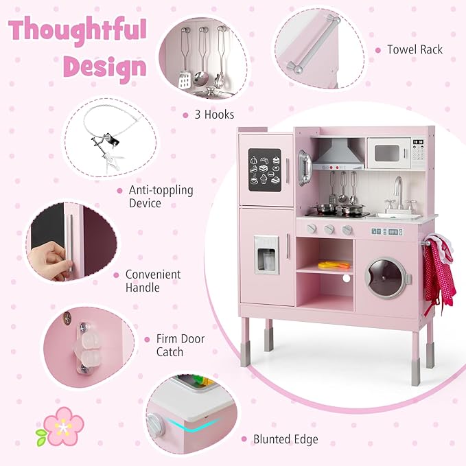 KOTEK Play Kitchen with Lights and Sounds, Wooden Toddler Kitchen Playset with Ice Maker, Washing Machine, Range Hood, 16 Pcs Toy Food & Cookware, Gift Chef Pretend Kitchen Set for Kids (Pink)