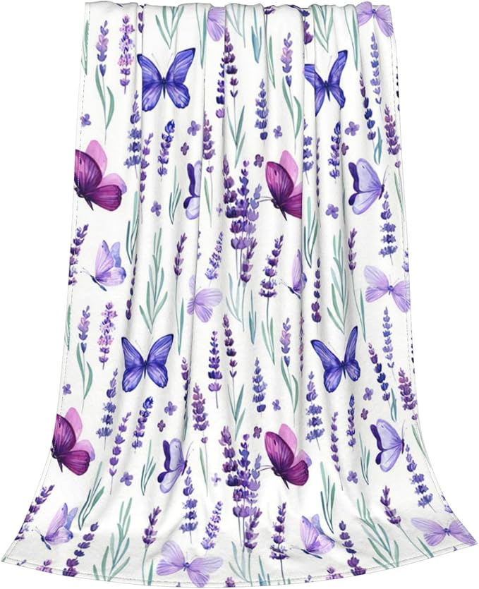 Purple Lavender Floral Flowers Butterfly Throw Blanket Gifts for Girls Boys Men Women Ultra Soft Warm All Season Decorative Fleece Blankets for Bed Chair Car Sofa Couch Bedroom 40"X50"