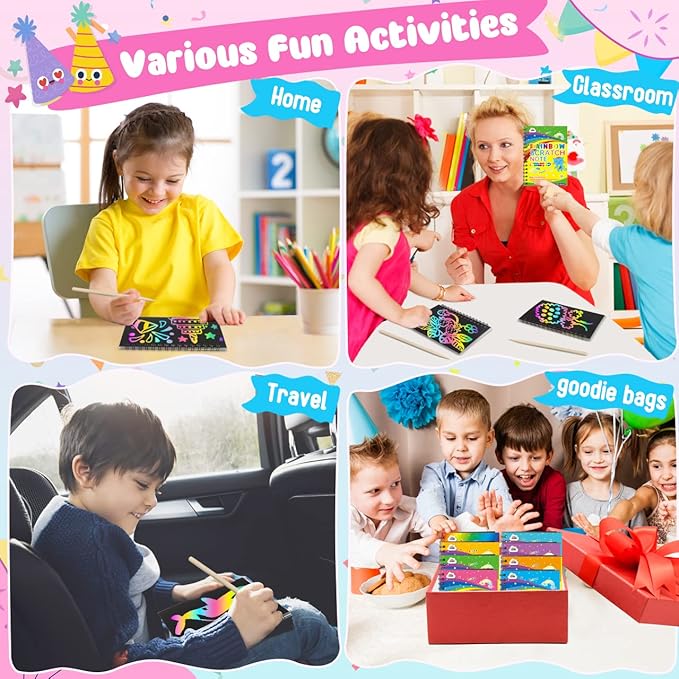 ZMLM Scratch Art Party Favors: 16 Pack Rainbow Scratch Paper Art Craft Notebooks for Kids Age 3-12 Classroom Prize Art Party Supplies Birthday Goodie Bag Stuffers Easter Christmas Gift for Girls Boys