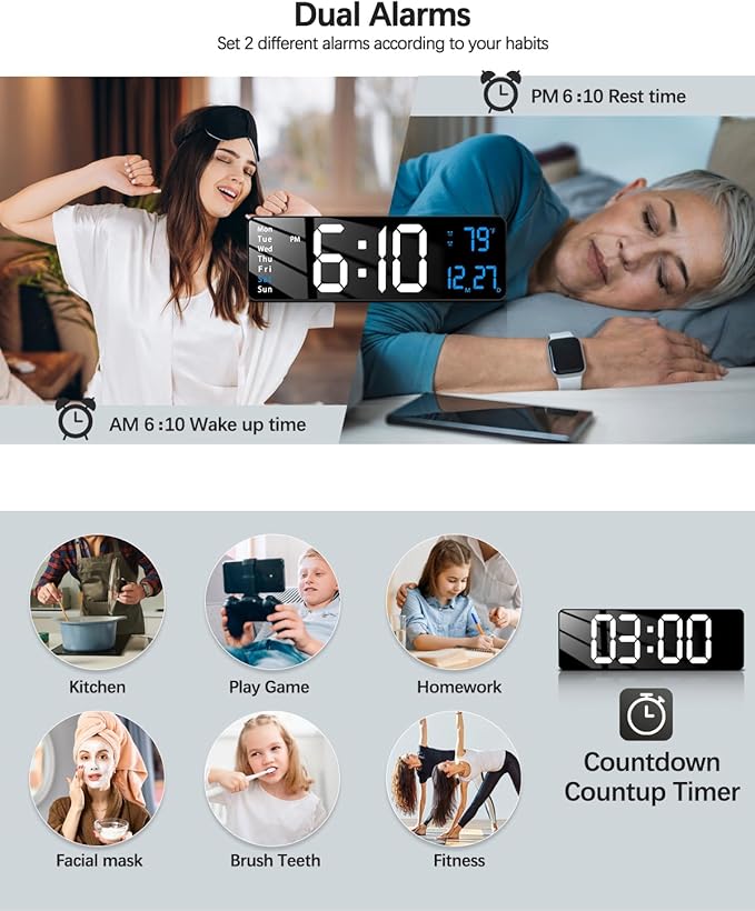 JoFomp Modern 16" Large Digital Wall Clock with Remote Control, LED Display, Auto-Dimming, Countdown, Temperature, Calendar - 12/24Hr Format - Silent Wall Clock for Home, Office, or Gym Use (Blue)