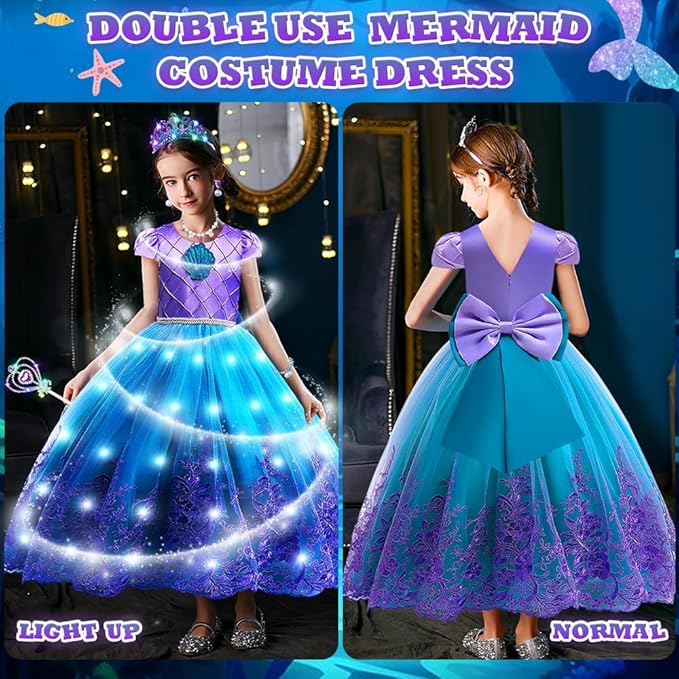 TOLOYE Princess Dresses for Girls, Light Up Mermaid Unicorn Costume Dress with Accessories for Halloween Carnival Cosplay