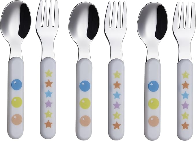 EXZACT Kids Flatware 6pcs Stainless Steel 18/10 Toddler Utensils Flatware- 3 x Forks, 3 x Spoons- BPA Free, Dishwasher Safe - 12 M+ - Stars & Dots