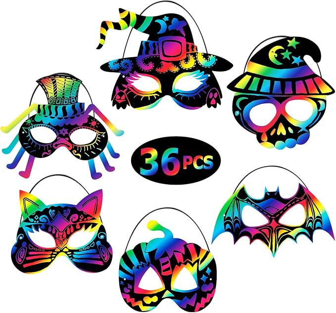 Max Fun 36PCS Halloween Rainbow Scratch Mask, Art Craft Kit for Kids Birthday Cosplay Classroom Decoration, Magic Scratch Paper Halloween Party Favor Supplies Bat Witch Pumpkin Zombie Pirate Skull