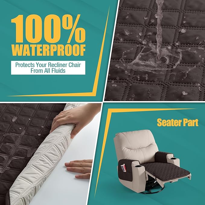 Ruaozz Waterproof Recliner Chair Covers Non Slip Chair Covers Washable Recliner Covers for Reclining Chair with Pockets Covers for Recliner Chair for Pets, Kids (Chocolate, Medium-25'')