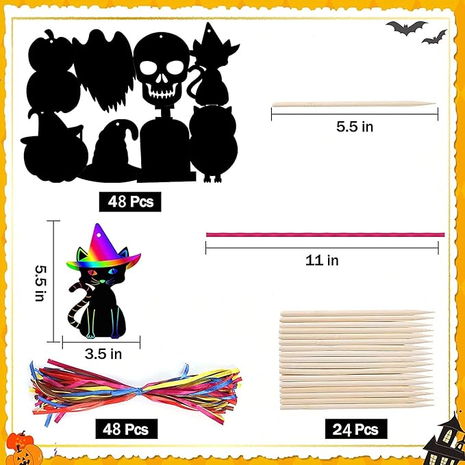 48PCS Halloween Craft Kit for Kids - Magic Scratch Off Cards Paper Hanging Halloween Ornaments Set with 24pcs Wooden Stylus 48pcs Cords for Halloween Party Favor, Art Craft Supplies
