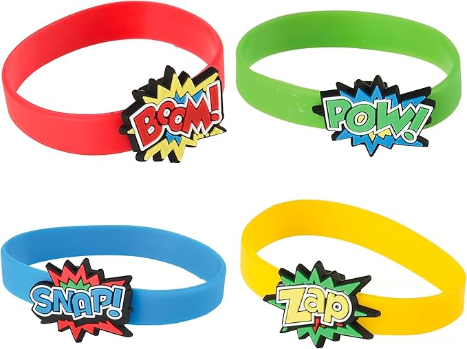 Superhero Stretchy Rubber Bracelets 12 Pack (6") Colorful Wristbands with Comic Super Hero Action Sayings Snap! Pow! Boom! Zap. Great for Birthday, Party Favors (Superhero Bracelets, 12)