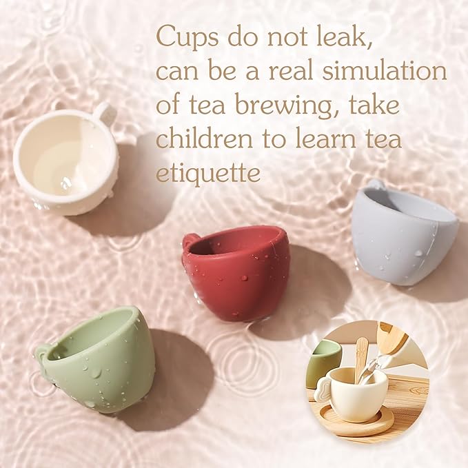 Wooden Tea Set for Little Girls, Enchanting Tea Party Set Silicone Tea Set Teapot Cups Carrying Scoop Kids Kitchen Accessories Toys Toddler Tea Set Girls Gift